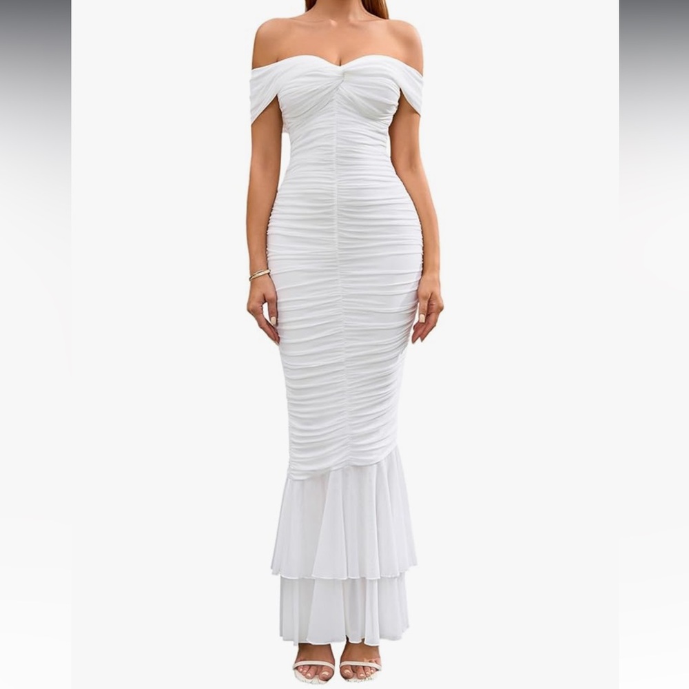 Off Shoulder White Ruched Mermaid Dress